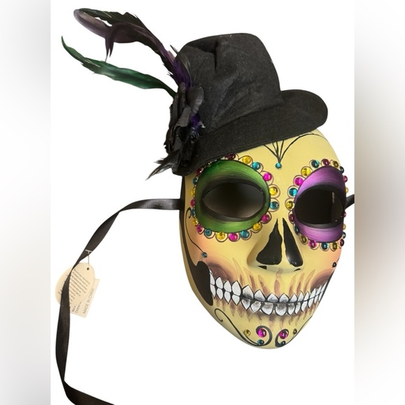 KBW Day of Dead Full Face Mask with Top Hat Colorful Tie Back Adult Male Costume - Picture 3 of 9